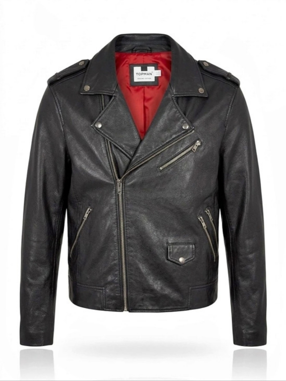 Topman Genuine Black Leather Moto Biker Jacket Red Lining - Large